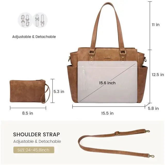 Alt view image 4 of 5 - LOVEVOOK Laptop Tote Bag for Women 15.6 Inch Vintage Leather Work Laptop Bag with Large Water Bottle Pockets, Waterproof Computer Briefcase Teacher Bag for Casual Office Travel