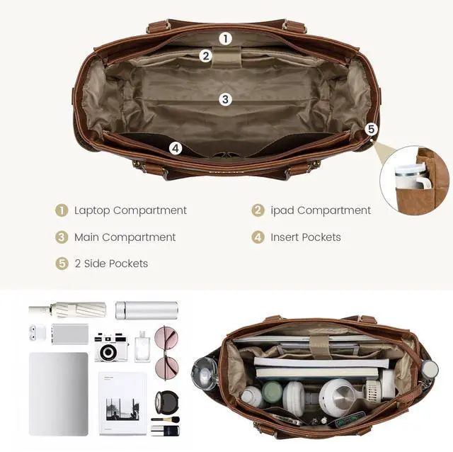 Alt view image 5 of 5 - LOVEVOOK Laptop Tote Bag for Women 15.6 Inch Vintage Leather Work Laptop Bag with Large Water Bottle Pockets, Waterproof Computer Briefcase Teacher Bag for Casual Office Travel