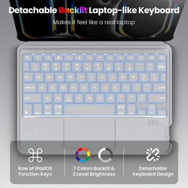 Alt view image 3 of 5 - Nillkin iPad Pro 11 inch (M4, 2024) Case with Detachable Keyboard, Adhesive Cover with Keyboard, Magic Trackpad, 7-Color Backlit, Adjustable Stand, Slim Magnetic Backplate with iPad Wall Mount - Gray