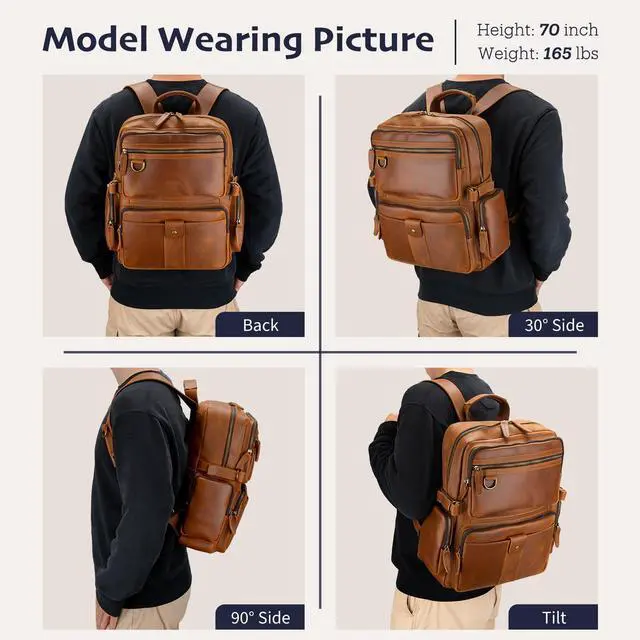 Alt view image 2 of 5 - Miracttld Leather Backpack for Men 15.6" Laptop Backpack 100% Madagascar top-Grain Leather Backpack Light Brown Large Size