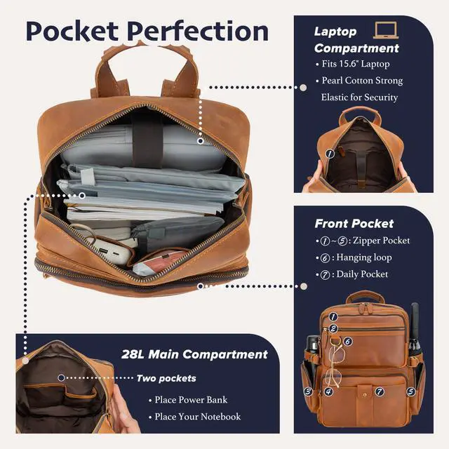 Alt view image 3 of 5 - Miracttld Leather Backpack for Men 15.6" Laptop Backpack 100% Madagascar top-Grain Leather Backpack Light Brown Large Size