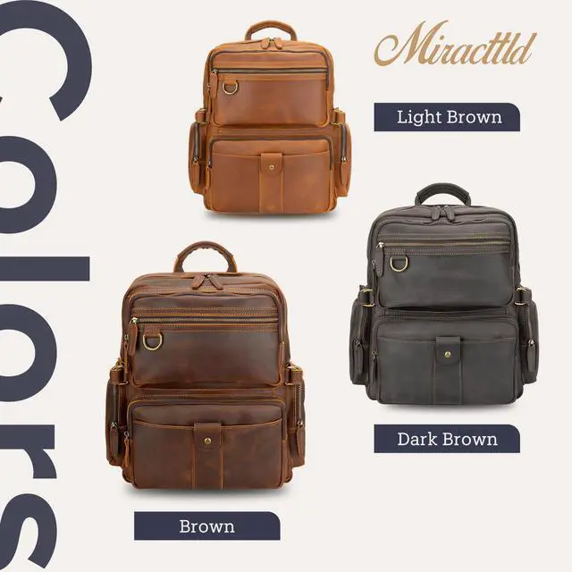 Alt view image 5 of 5 - Miracttld Leather Backpack for Men 15.6" Laptop Backpack 100% Madagascar top-Grain Leather Backpack Light Brown Large Size