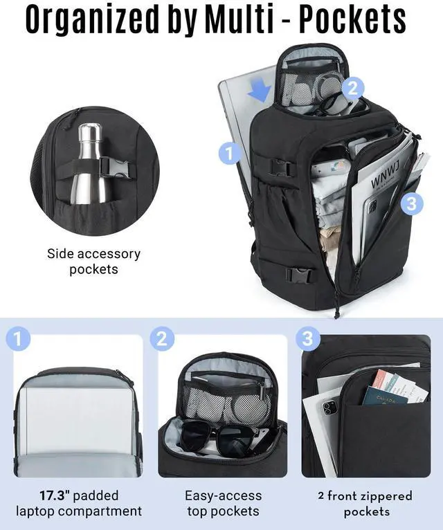 Alt view image 3 of 5 - LIGHT FLIGHT Travel Backpack Carry On Flight Approved TSA Friendly Backpack Water-resistant Lightweight Business Large Weekender Bag Casual Daypack 15.6" Laptop Backpack for Men Women,Black