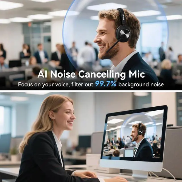 Alt view image 2 of 5 - Wireless Headset with Mic, Wireless Work Headset with Mic Noise Cancelling & Mute Button (with Bluetooth V5.3, USB Dongle) for PC Computer Laptop Cell Phones Remote Work Home Office Call Center Zoom