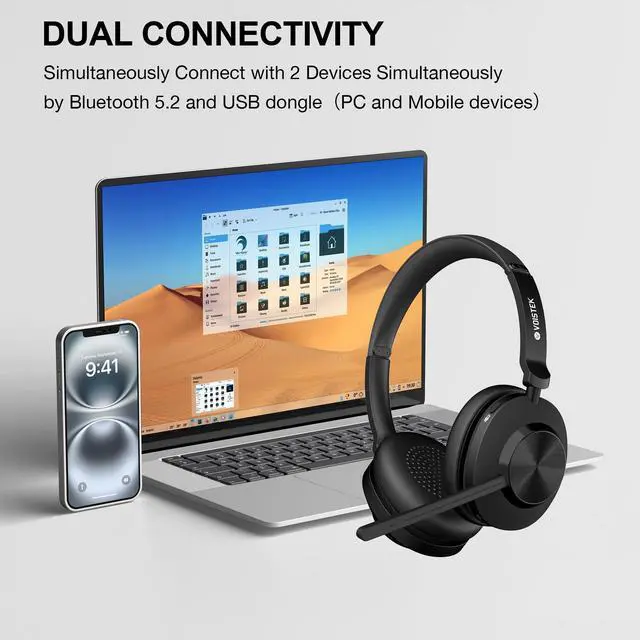 Alt view image 4 of 5 - Wireless Headset with Mic, Wireless Work Headset with Mic Noise Cancelling & Mute Button (with Bluetooth V5.3, USB Dongle) for PC Computer Laptop Cell Phones Remote Work Home Office Call Center Zoom