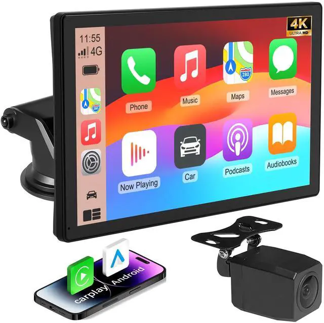 Main image of Wireless Carplay Screen for Car,9 inch Portable Car Play & Android Auto Touch Screen,4K Front & Rear Backup Camera Car Stereo,Loop Recording,GPS, Voice Control,Mirror Link,FM,AUX for All Vehicles