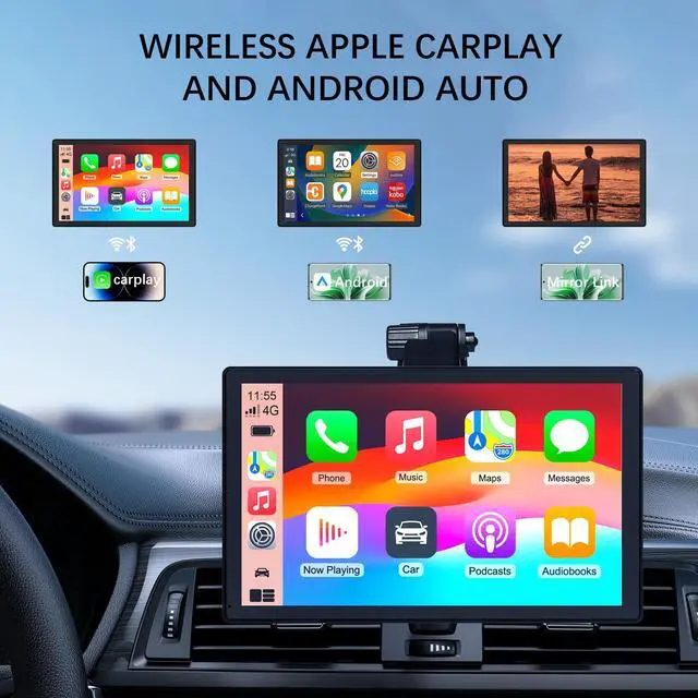 Alt view image 2 of 5 - Wireless Carplay Screen for Car,9 inch Portable Car Play & Android Auto Touch Screen,4K Front & Rear Backup Camera Car Stereo,Loop Recording,GPS, Voice Control,Mirror Link,FM,AUX for All Vehicles