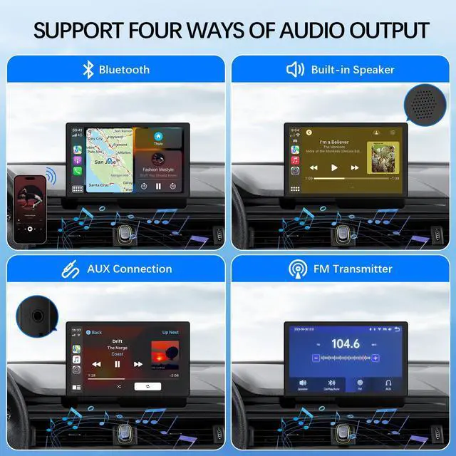 Alt view image 5 of 5 - Wireless Carplay Screen for Car,9 inch Portable Car Play & Android Auto Touch Screen,4K Front & Rear Backup Camera Car Stereo,Loop Recording,GPS, Voice Control,Mirror Link,FM,AUX for All Vehicles