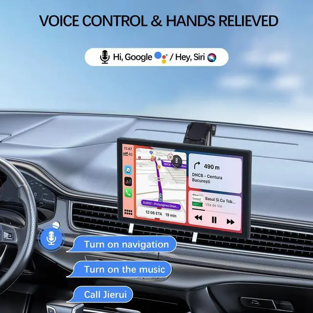 Alt view image 4 of 5 - Wireless Carplay Screen for Car,9 inch Portable Car Play & Android Auto Touch Screen,4K Front & Rear Backup Camera Car Stereo,Loop Recording,GPS, Voice Control,Mirror Link,FM,AUX for All Vehicles