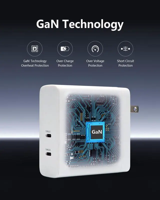 Alt view image 3 of 5 - 140W USB C Charger, DERLULU GaN Fast Charger, 2-Port USB-C Compact Foldable Charger for Laptops, MacBook Air/Pro, iPad, iPhone 17/16/15 Pro, Galaxy S24/S23, AirPods, and More