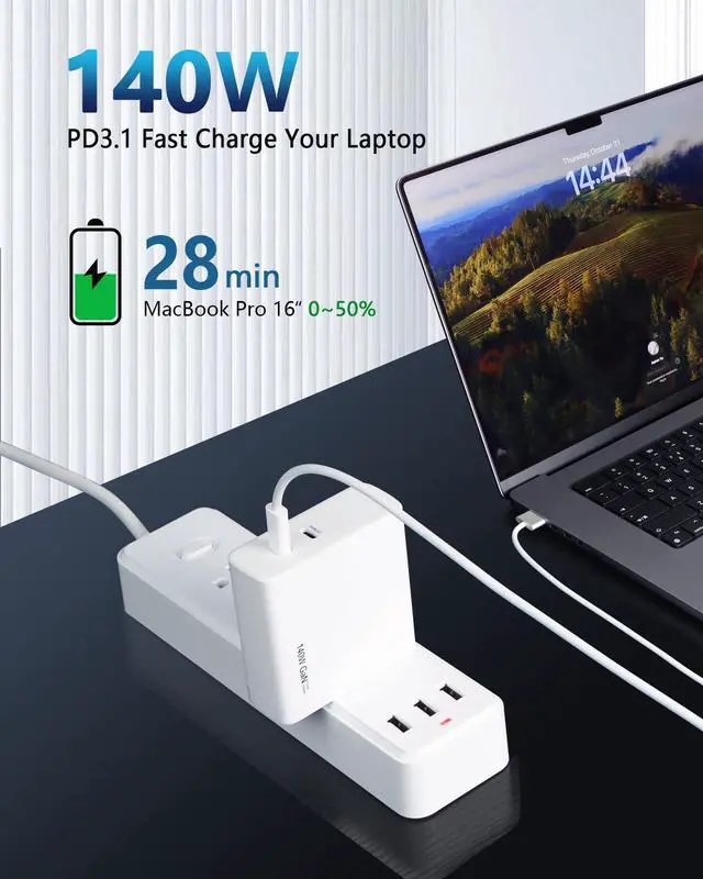 Alt view image 4 of 5 - 140W USB C Charger, DERLULU GaN Fast Charger, 2-Port USB-C Compact Foldable Charger for Laptops, MacBook Air/Pro, iPad, iPhone 17/16/15 Pro, Galaxy S24/S23, AirPods, and More