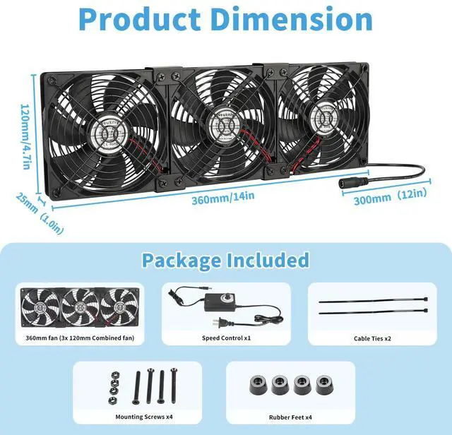 Alt view image 2 of 5 - Neukniy 3X 120mm Computer Fan with AC Plug, AC 110V 120V 220V 240V Cabinet Cooling Fan with Speed Controller, Cooling for Windows, Plant Cabinet, Crawl Space, Basement, Laundry Room, Garage, Attic