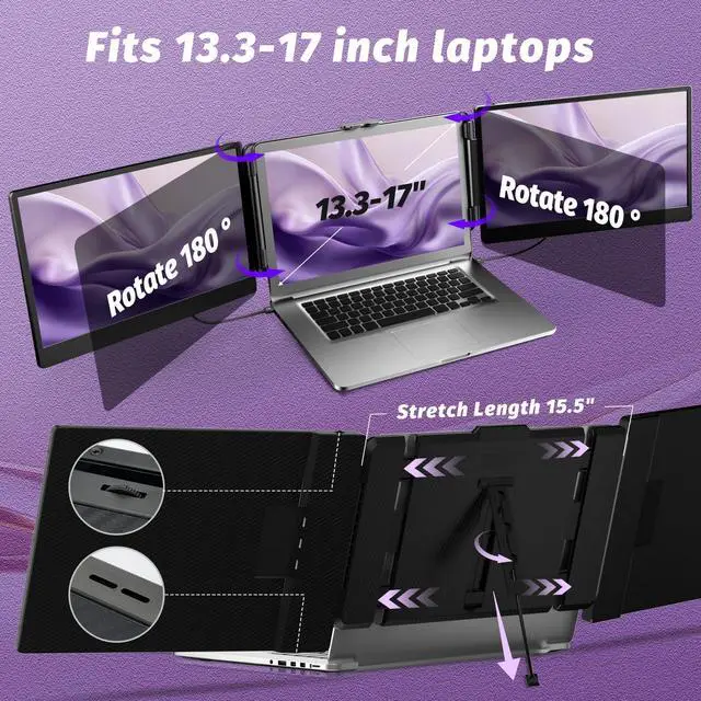 Alt view image 3 of 5 - SIUT Laptop Screen Extender Monitor - Triple 14 inch IPS FHD 1080P Extended Monitors for 13"-17" Laptops Type-C/HDMI/USB-A Compatible with Windows Mac Travel Work