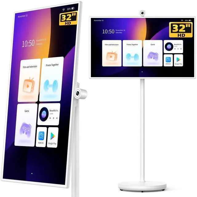 Main image of GFF 32-Inch Portable Smart TV on Wheels, Rolling TV with Touch Screen Monitor, 8G RAM +128G Storage, Android 13 OS, Built in Google Assistant, 2K Webcam, Full Swivel Rotation, Remote Control