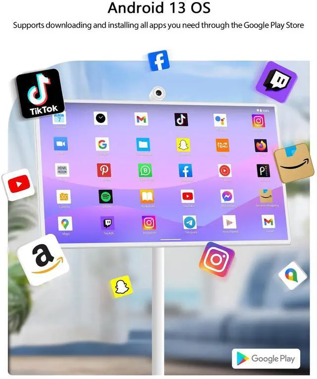 Alt view image 4 of 5 - GFF 32-Inch Portable Smart TV on Wheels, Rolling TV with Touch Screen Monitor, 8G RAM +128G Storage, Android 13 OS, Built in Google Assistant, 2K Webcam, Full Swivel Rotation, Remote Control