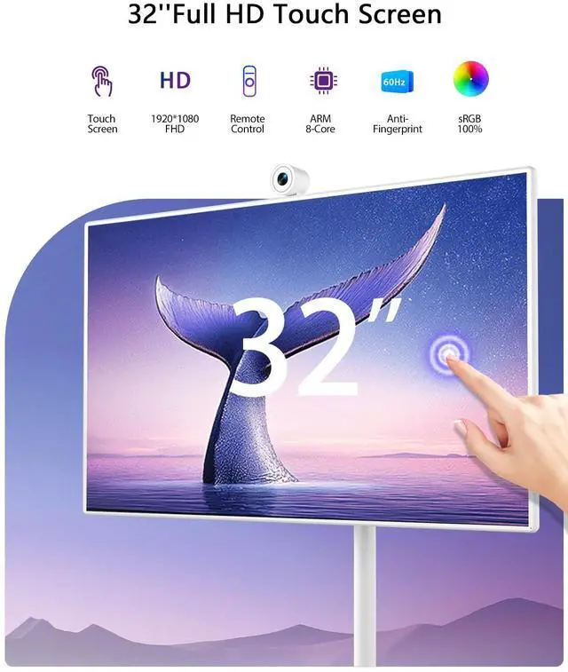 Alt view image 2 of 5 - GFF 32-Inch Portable Smart TV on Wheels, Rolling TV with Touch Screen Monitor, 8G RAM +128G Storage, Android 13 OS, Built in Google Assistant, 2K Webcam, Full Swivel Rotation, Remote Control