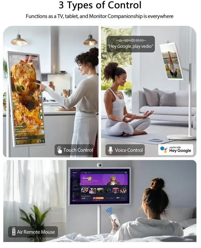 Alt view image 3 of 5 - GFF 32-Inch Portable Smart TV on Wheels, Rolling TV with Touch Screen Monitor, 8G RAM +128G Storage, Android 13 OS, Built in Google Assistant, 2K Webcam, Full Swivel Rotation, Remote Control