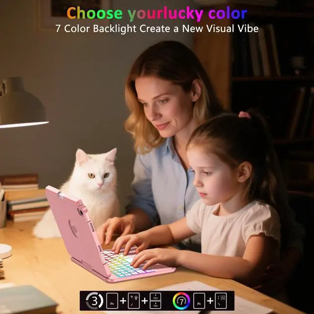 Alt view image 3 of 5 - FUWANG Touchpad Keyboard Case for iPad mini 7 A17 Pro 2024 & Mini 6th Generation 2021 8.3 inch - 360° Swivel 7 Color Backlit Keyboard for iPad mini 7th 6th Generation with Pencil Holder, Rose Gold