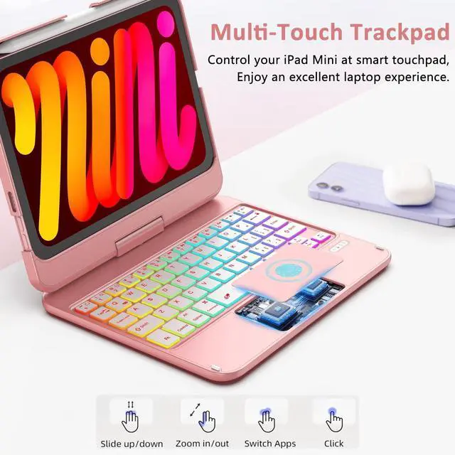 Alt view image 4 of 5 - FUWANG Touchpad Keyboard Case for iPad mini 7 A17 Pro 2024 & Mini 6th Generation 2021 8.3 inch - 360° Swivel 7 Color Backlit Keyboard for iPad mini 7th 6th Generation with Pencil Holder, Rose Gold