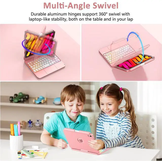Alt view image 5 of 5 - FUWANG Touchpad Keyboard Case for iPad mini 7 A17 Pro 2024 & Mini 6th Generation 2021 8.3 inch - 360° Swivel 7 Color Backlit Keyboard for iPad mini 7th 6th Generation with Pencil Holder, Rose Gold
