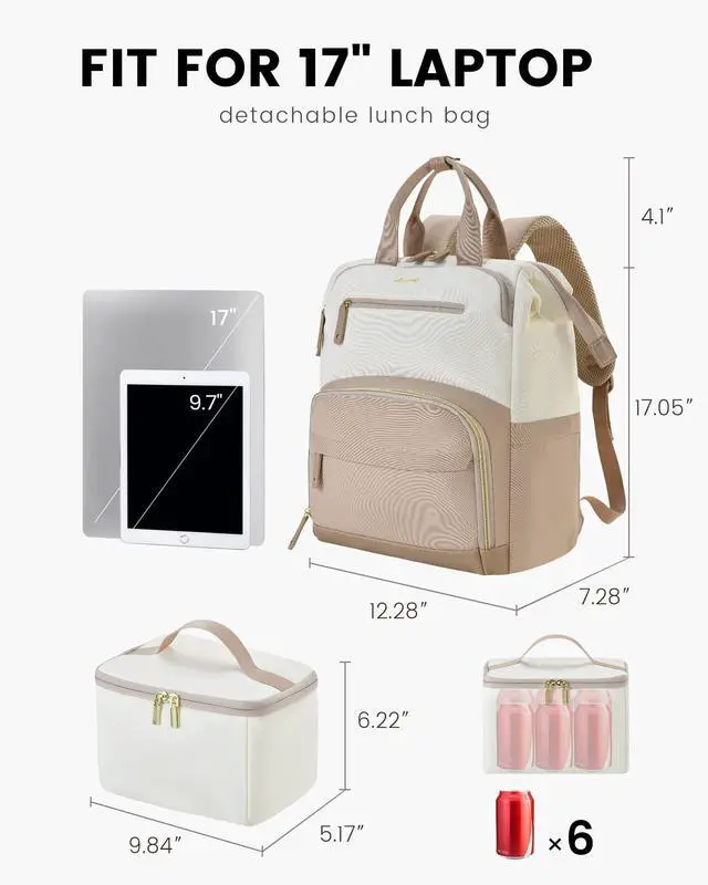 Alt view image 4 of 5 - LOVEVOOK Lunch Backpack for Women, 17 Inch Laptop Bag with Insulated Cooler Lunch Box, Work Backpack for Teacher Nurse, Travel Backpack Lunch Bag for Camping Picnic Daily Use