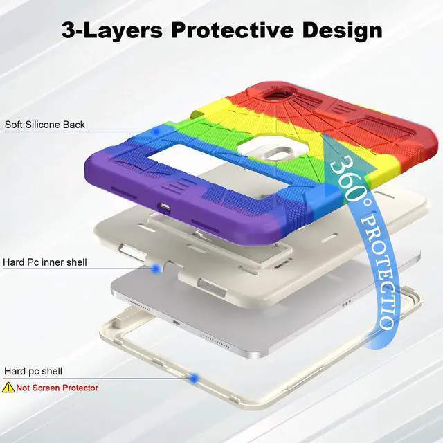 Alt view image 3 of 5 - SIBEITU Case for iPad (A16) 11th Gen 11-inch 2025 & iPad 10th Gen 10.9 Inch 2022, Rugged Military Grade Protective Cover Built-in Kickstand & Pencil Holder | Vibrant Rainbow for Young Artists & Kids