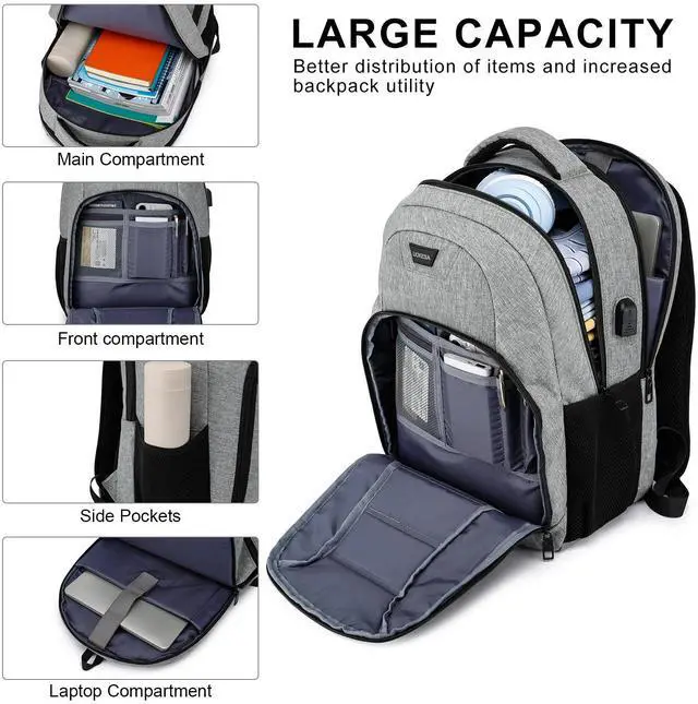 Alt view image 2 of 5 - Laptop Backpack for Men Women, Large School Backpacks for Teens Boys Girls with USB Charging Port, 17.3 Inch Water Resistant High School College Students Bookbags, Grey