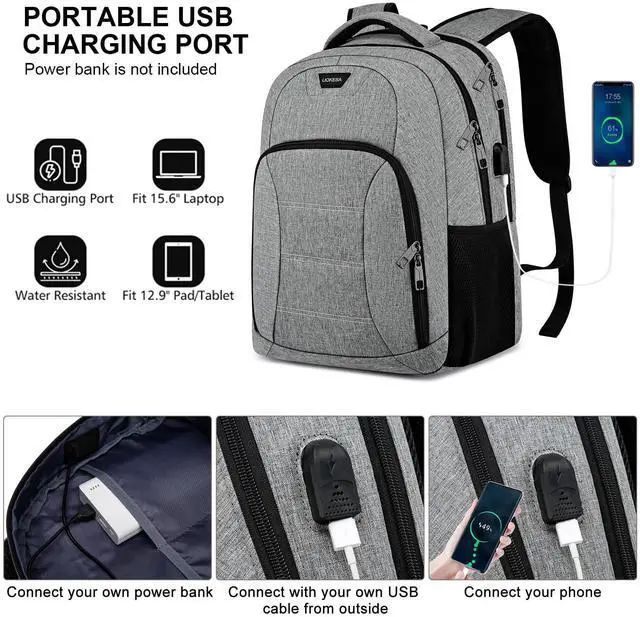 Alt view image 3 of 5 - Laptop Backpack for Men Women, Large School Backpacks for Teens Boys Girls with USB Charging Port, 17.3 Inch Water Resistant High School College Students Bookbags, Grey