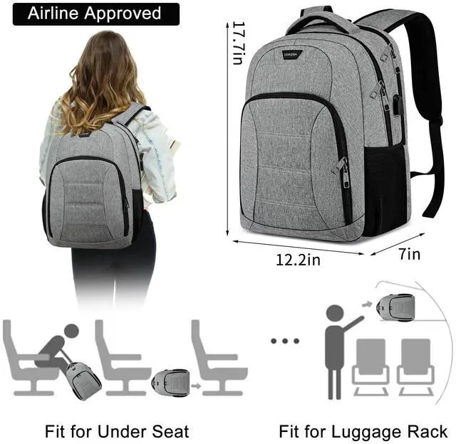 Alt view image 4 of 5 - Laptop Backpack for Men Women, Large School Backpacks for Teens Boys Girls with USB Charging Port, 17.3 Inch Water Resistant High School College Students Bookbags, Grey