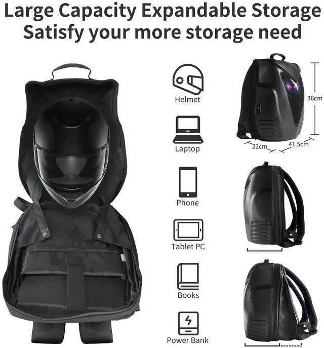 Alt view image 4 of 5 - DABASHAN Motorcycle Backpack for Men, LED Backpack With DIY Programmable Full Color Screen, Hard Shell Large Capacity Waterproof Helmet Bag Laptop Backpack(Black)