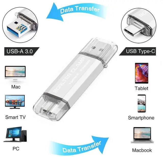 Alt view image 2 of 5 - 256GB USB 3.0 Type C Flash Drive Dual Port, BorlterClamp USB C Memory Stick OTG Thumb Drives for Android Smartphones Samsung Galaxy S10/S9/S8/Note 9, LG, Google Pixel, PC (Silver)