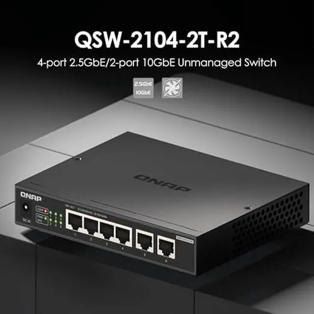 Alt view image 2 of 5 - QNAP 4-Port 2.5Gbps & 2-Port 10BASE-T Unmanaged Switch (QSW-2104-2T-R2-US)
