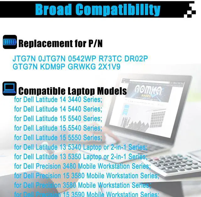 Alt view image 3 of 5 - AOMKA JTG7N Laptop Battery Replacement for Dell Latitude 3440 3540 P28F P28F004 P170G P170G001 P37G P37G004 P169G P169G001 Series 0JTG7N 0542WP R73TC DR02P GTG7N KDM9P GRWKG 2X1V9 42Wh 3500mAh 11.4V