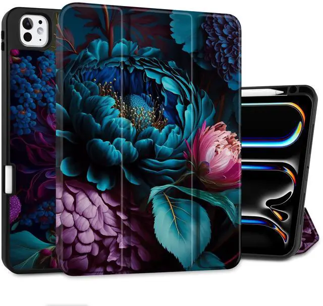 Main image of MEEgoodo Case for M4 iPad Pro 11 inch Case 2024, Tablet Cover with Trifold Stand & Pencil Holder & Auto Wake/Sleep & Soft TPU Back Cover, Beautiful Fantasy Flower