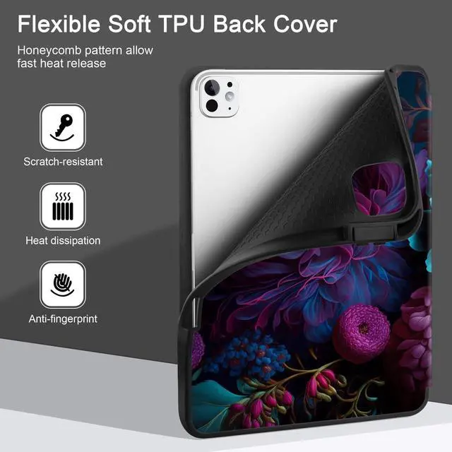 Alt view image 5 of 5 - MEEgoodo Case for M4 iPad Pro 11 inch Case 2024, Tablet Cover with Trifold Stand & Pencil Holder & Auto Wake/Sleep & Soft TPU Back Cover, Beautiful Fantasy Flower