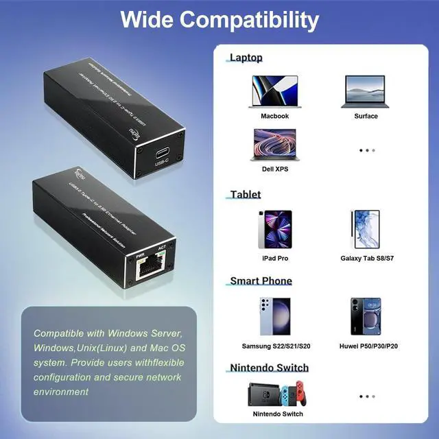 Alt view image 2 of 5 - Mxtgifar 2.5G USB3.0 Ethernet Adapter Aluminum Type C to 2.5 Gigabit Network Adaptor,Compatible for MacBook Air/Pro, XPS, Windows, macOS (Driver May be Needed, See Package QR Code)