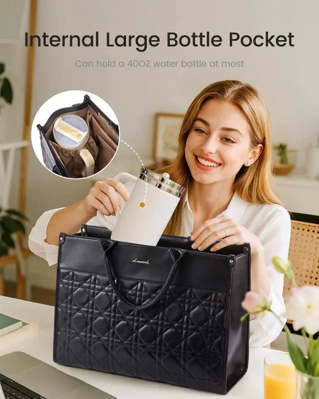 Alt view image 2 of 5 - LOVEVOOK Laptop Tote Bag for Women with Large Cup Holder, 15.6 Inch PU Leather Work Bag Teacher Tote Bag, Waterproof Bag for School with Zipper, Computer Messenger Bags Business Office