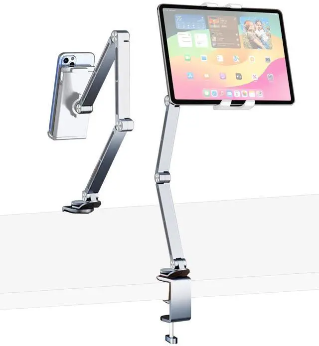 Main image of HIBORI iPad Mount for Desk Aluminum Alloy Tablet Stand Foldable Overhead Arm Holder Mount Fits for 4.7-15.6" Screen Phone,Kindle,Fire HD,Monitor,iPad,Galaxy Tab Series (Silver)