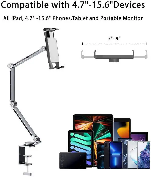 Alt view image 4 of 5 - HIBORI iPad Mount for Desk Aluminum Alloy Tablet Stand Foldable Overhead Arm Holder Mount Fits for 4.7-15.6" Screen Phone,Kindle,Fire HD,Monitor,iPad,Galaxy Tab Series (Silver)