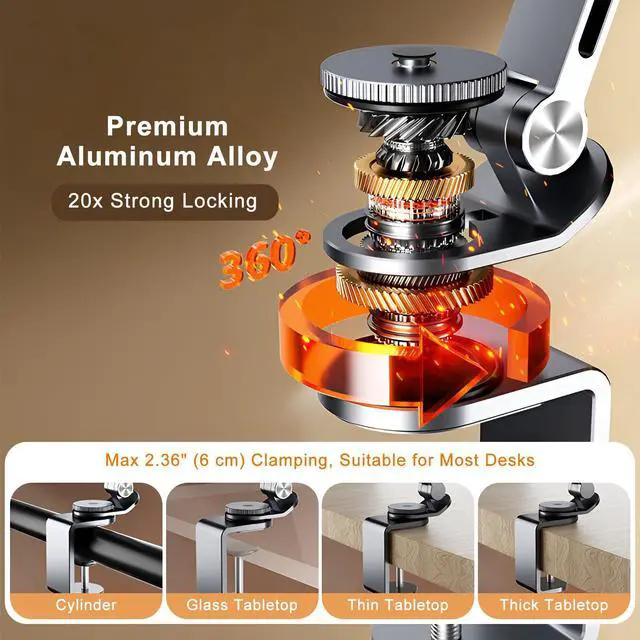 Alt view image 5 of 5 - HIBORI iPad Mount for Desk Aluminum Alloy Tablet Stand Foldable Overhead Arm Holder Mount Fits for 4.7-15.6" Screen Phone,Kindle,Fire HD,Monitor,iPad,Galaxy Tab Series (Silver)