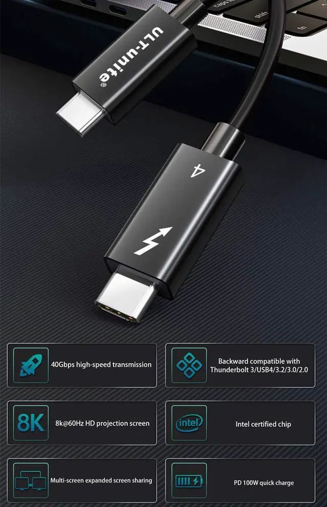 Alt view image 2 of 5 - 4FT Thunderbolt 4 Cable(Active), Support 40Gbps Data Transfer, 8K Display, 100W Charging USB C to USB C Cable for iPhone 15,Thunderbolt 3 cable,USB4/3,iPad Pro,MacBook,Docking Station[Intel Certified]