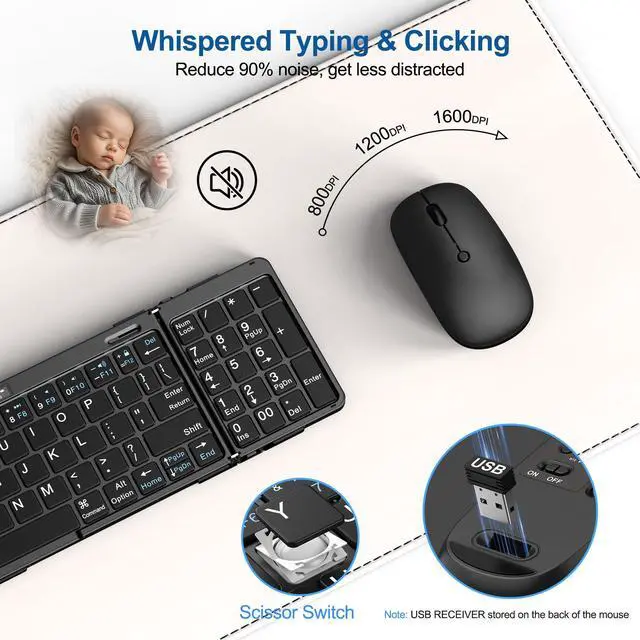 Alt view image 5 of 5 - Foldable Keyboard and Mouse, EDJO Folding Keyboard Mouse Combo with Portable Case, 2.4G Wireless & Bluetooth, USB-C Rechargeable Travel Combo for Windows, Mac OS, iOS, Android PC/Laptop/ (Black)