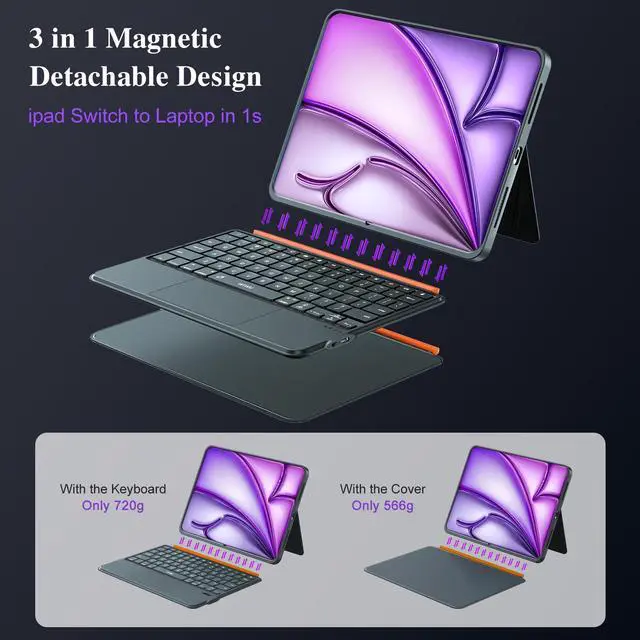 Alt view image 4 of 5 - iPad Air 13 inch Case Keyboard (M3 M2, 2025 2024),Wireless iPad Keyboard for Pro 12.9 inch 6/5/4/3rd Gen,Magnetic Detachable with Trackpad,7-Color Backlit,Landscape/Portrait,Adjustable Stand (Gray)