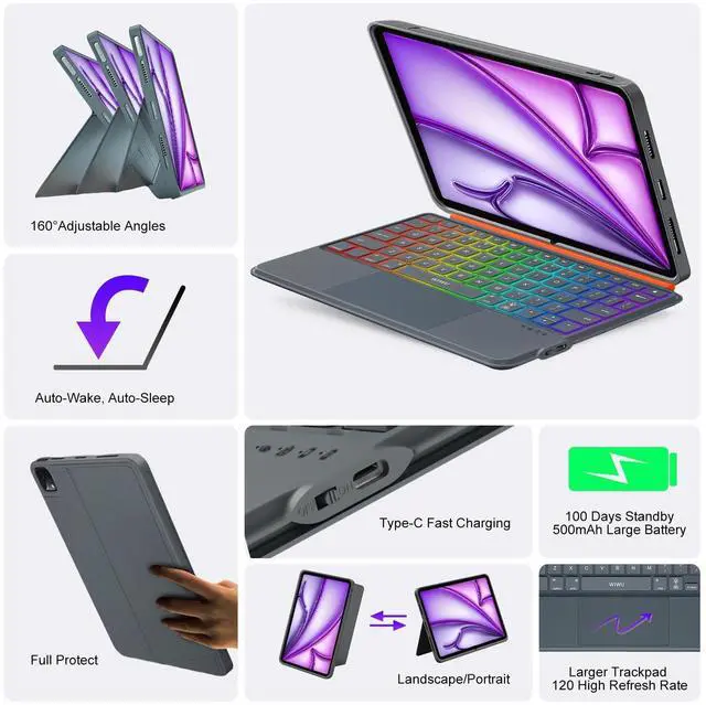 Alt view image 5 of 5 - iPad Air 13 inch Case Keyboard (M3 M2, 2025 2024),Wireless iPad Keyboard for Pro 12.9 inch 6/5/4/3rd Gen,Magnetic Detachable with Trackpad,7-Color Backlit,Landscape/Portrait,Adjustable Stand (Gray)