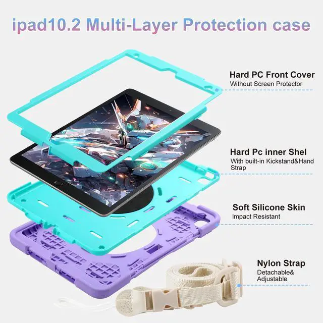 Alt view image 3 of 5 - for iPad 9th/8th/7th Generation Case 10.2" Heavy Sturdy Shockproof Kids Cover with Rotating Stand/Pencil Holder/Shoulder Strap for iPad 10.2 Case 2021/2020/2019 Girls (Light Purple+Mint)
