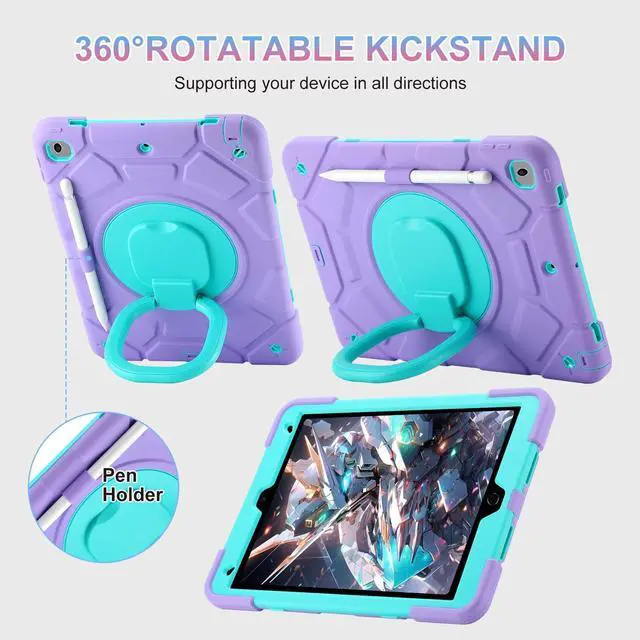 Alt view image 4 of 5 - for iPad 9th/8th/7th Generation Case 10.2" Heavy Sturdy Shockproof Kids Cover with Rotating Stand/Pencil Holder/Shoulder Strap for iPad 10.2 Case 2021/2020/2019 Girls (Light Purple+Mint)