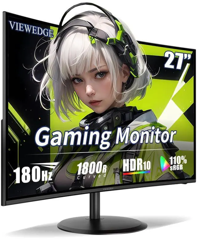 Alt view image 2 of 5 - Viewedge 27 inch Curved Gaming Monitor 180Hz 1ms, FHD 1920x1080P Computer Monitor,1800R VA Screen, 120% sRGB with FreeSync, Low Motion Blur, HDMI & DP, Built-in Speakers