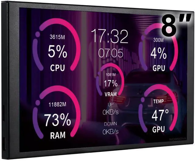 Main image of WOWNOVA 8 Inch LCD Screen Inside PC Case Screen (Desktop Mode Added), 1 Click 1 Cable to Get Started Computer Temperature Display Monitor, Sensor Panel for Inside PC Case with Screen (Black)