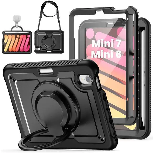 Main image of ZSLVPN Case for iPad mini 7 (A17 Pro) 2024/ Mini 6 8.3'' with Pencil Holder Screen Protector [360 Rotating Handle & Stand] &Shoulder Strap, Shockproof Case for iPad mini 7th/6th Generation, Black