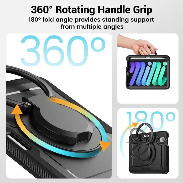 Alt view image 4 of 5 - ZSLVPN Case for iPad mini 7 (A17 Pro) 2024/ Mini 6 8.3'' with Pencil Holder Screen Protector [360 Rotating Handle & Stand] &Shoulder Strap, Shockproof Case for iPad mini 7th/6th Generation, Black